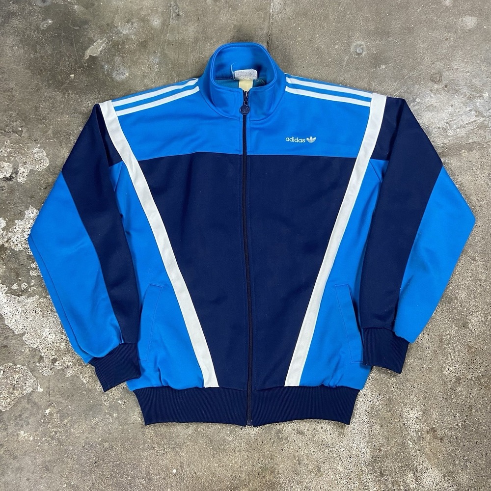 Vintage 70s Adidas Track Jacket Size Large Blue V-Chevron Block Athletic